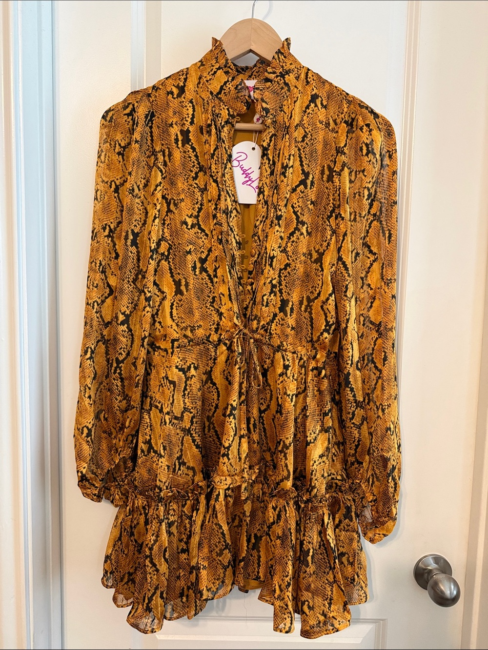 Buddy Love Mustard Snake-Print Long Sleeve Tiered Dress
